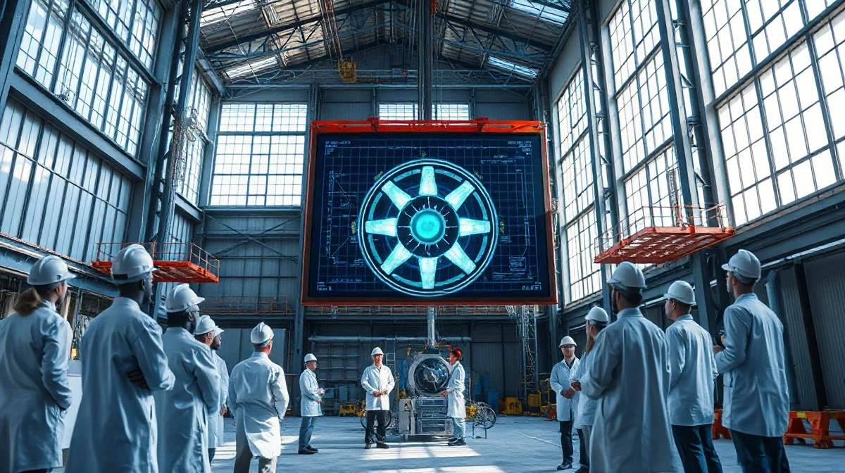 Engineers review a plasma reactor model at Realta Fusion's research facility in Madison, Wisconsin