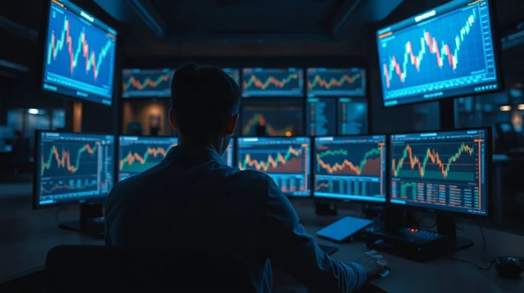 Trader at a multi-monitor currency trading desk in a dimly lit institutional dealing room