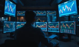 Trader at a multi-monitor currency trading desk in a dimly lit institutional dealing room