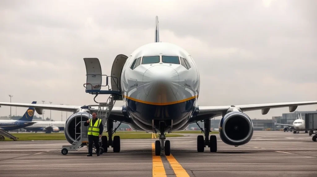 Ryanair Boeing 737 aircraft on airport tarmac under overcast sky