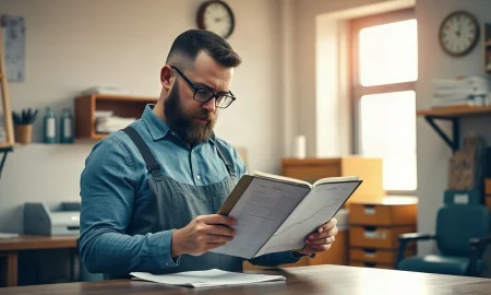 Small business owner reviewing payroll figures at a desk in a softly lit office
