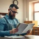 Small business owner reviewing payroll figures at a desk in a softly lit office