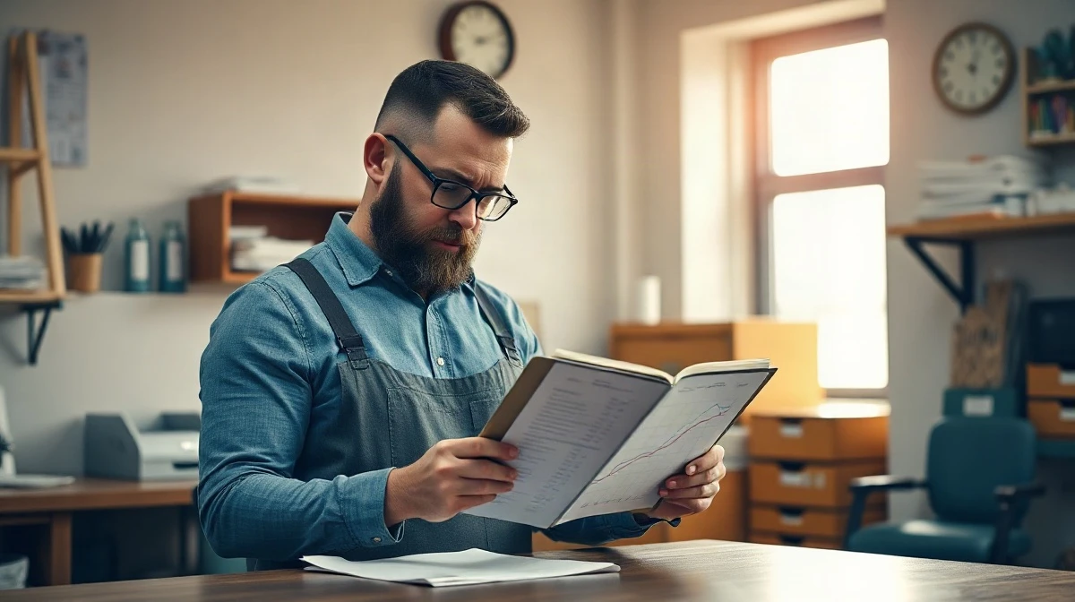 Small business owner reviewing payroll figures at a desk in a softly lit office