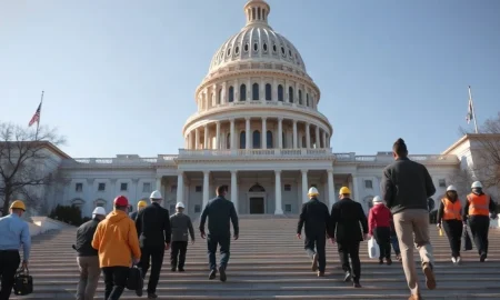 Workers walk toward the U.S. Capitol as debate over Bernie Sanders' 32-hour workweek proposal intensifies.