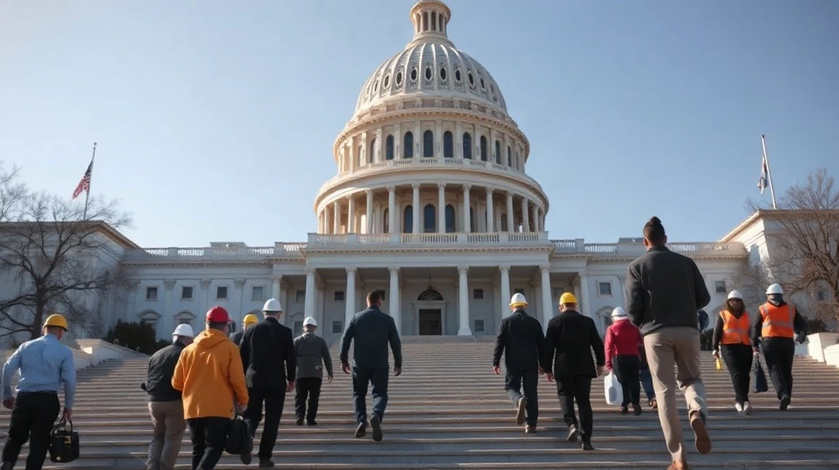 Workers walk toward the U.S. Capitol as debate over Bernie Sanders' 32-hour workweek proposal intensifies.