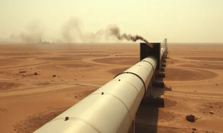 Damaged Saudi East-West pipeline pump station in desert with smoke rising near Red Sea terminal
