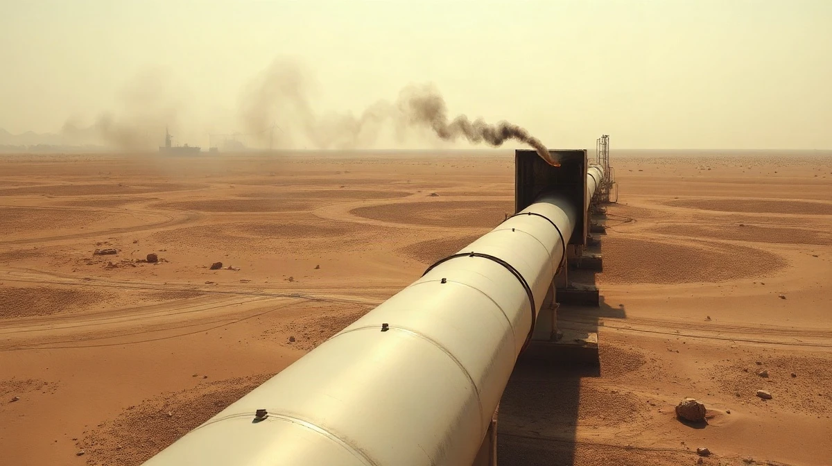 Damaged Saudi East-West pipeline pump station in desert with smoke rising near Red Sea terminal