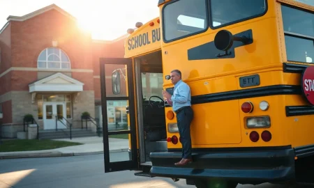 Yellow school bus parked outside a school as an administrator stands by the open door
