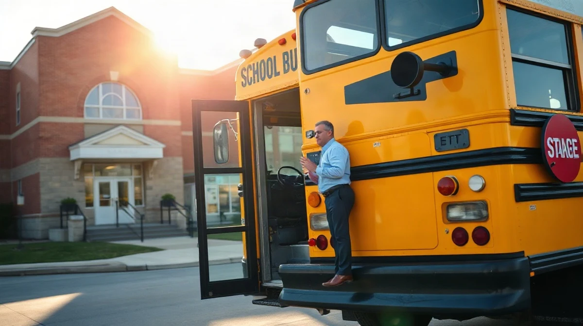 Yellow school bus parked outside a school as an administrator stands by the open door