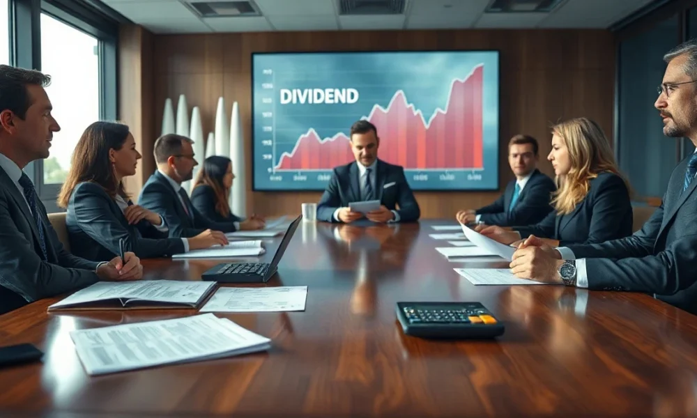 Corporate board meeting with financial documents and dividend charts in background