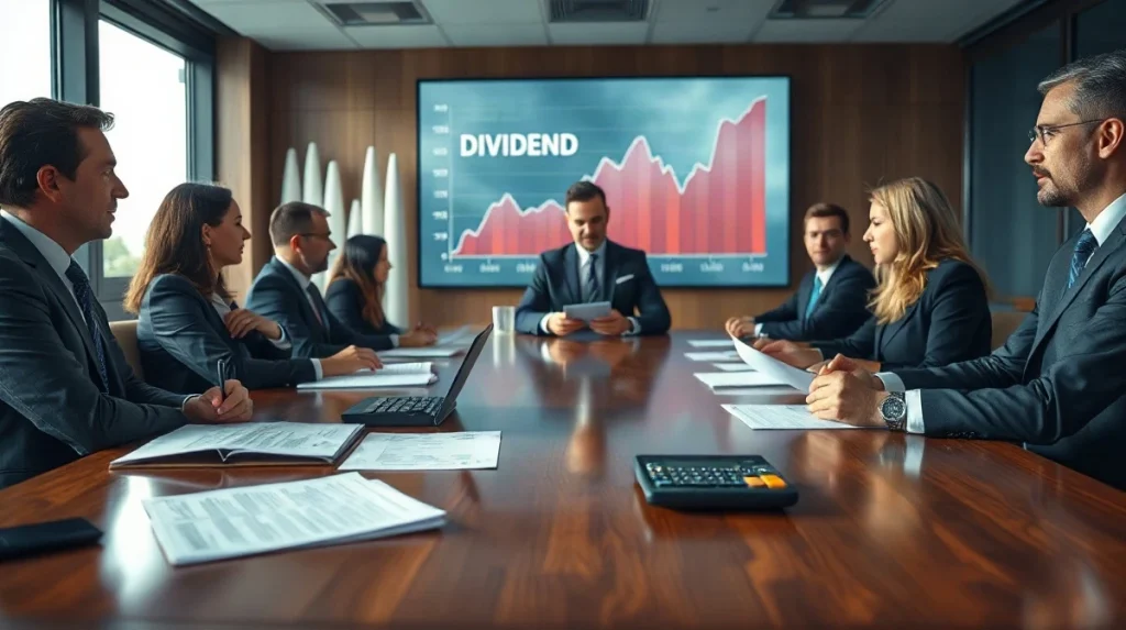 Corporate board meeting with financial documents and dividend charts in background