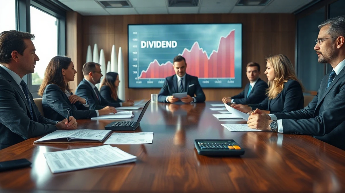 Corporate board meeting with financial documents and dividend charts in background
