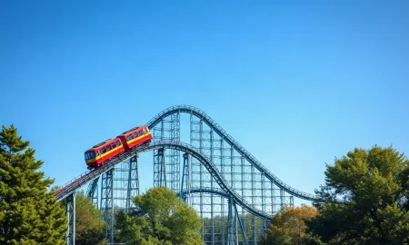 ArieForce One steel roller coaster with red and yellow trains against a blue sky at an amusement park.