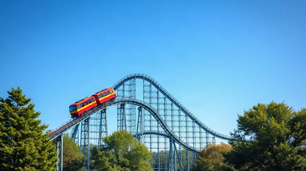 ArieForce One steel roller coaster with red and yellow trains against a blue sky at an amusement park.