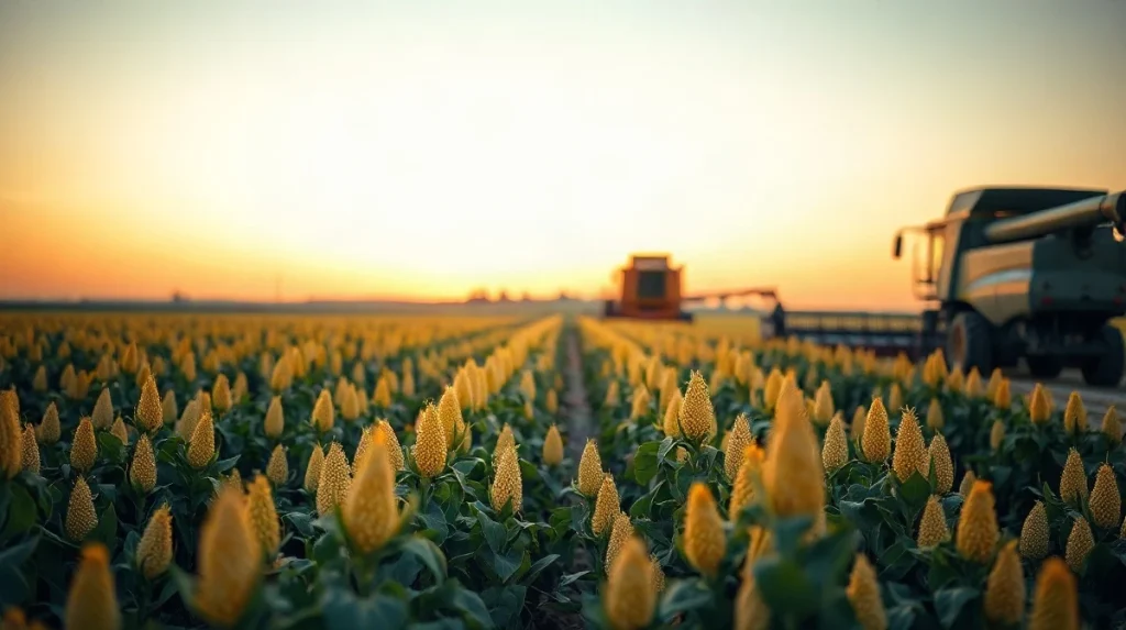 Rows of mature soybeans in a field at dusk with a combine in the distance