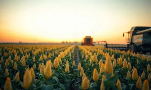 Rows of mature soybeans in a field at dusk with a combine in the distance