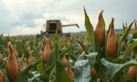 Soybean field ready for harvest under overcast sky with combine harvester in background