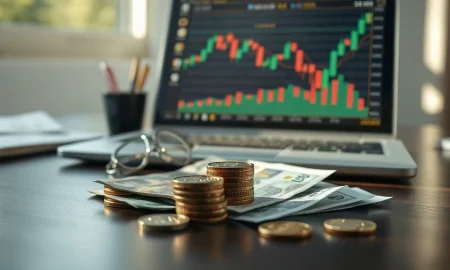 British Pound banknotes and coins on a desk with a financial chart on a laptop screen