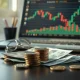 British Pound banknotes and coins on a desk with a financial chart on a laptop screen