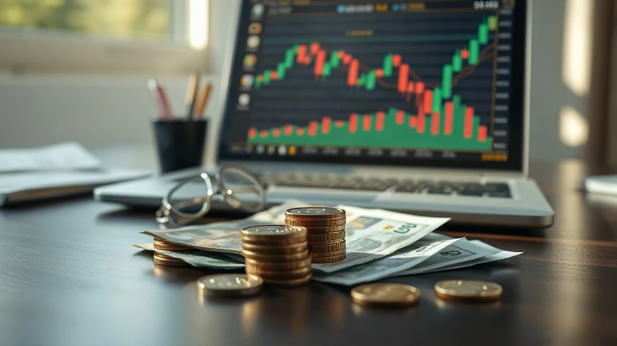 British Pound banknotes and coins on a desk with a financial chart on a laptop screen