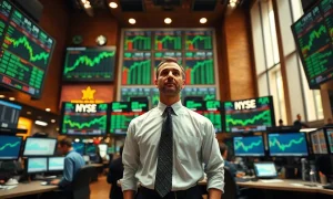 Trader at a Wall Street desk watching green stock charts at the market close