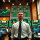 Trader at a Wall Street desk watching green stock charts at the market close