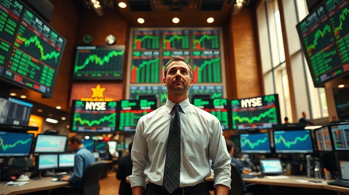 Trader at a Wall Street desk watching green stock charts at the market close
