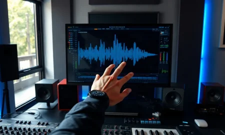 Suno v6 AI music interface displayed on a studio monitor with a producer at the mixing console