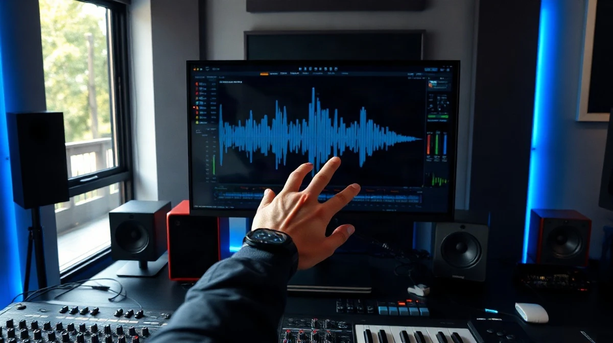 Suno v6 AI music interface displayed on a studio monitor with a producer at the mixing console