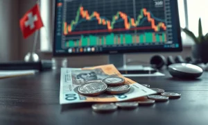 Swiss Franc banknotes and coins on a desk with a financial chart in the background