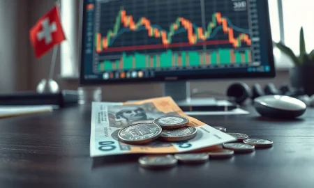 Swiss Franc banknotes and coins on a desk with a financial chart in the background