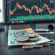 Swiss Franc banknotes and coins on a desk with a financial chart in the background