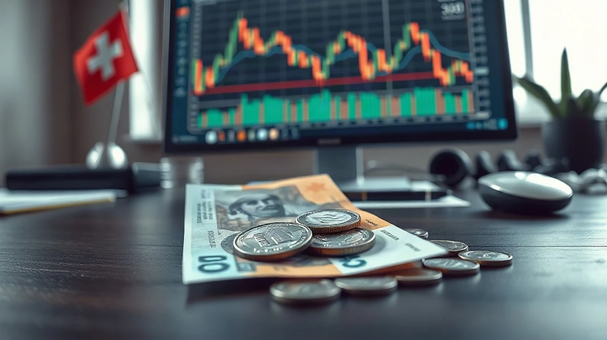 Swiss Franc banknotes and coins on a desk with a financial chart in the background