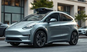 Tesla Cybercab autonomous electric vehicle parked on a city street