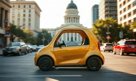 Tesla Cybercab gold autonomous vehicle driving on an Austin street