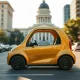 Tesla Cybercab gold autonomous vehicle driving on an Austin street