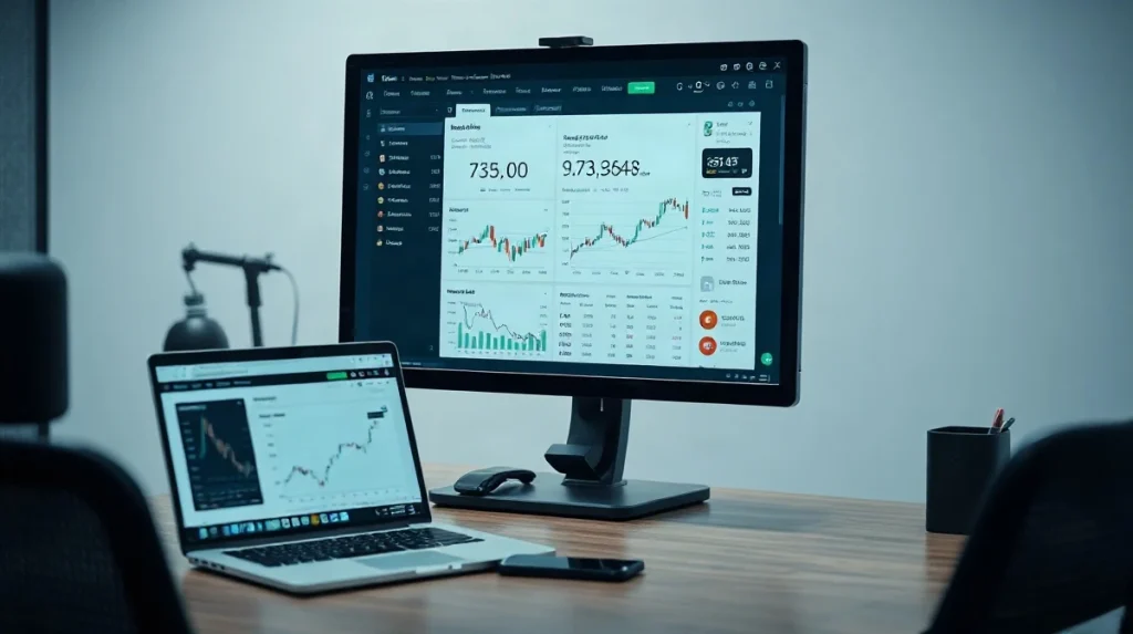 Trading desk with monitor showing account dashboard and laptop with AI chat window