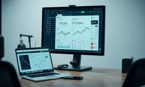 Trading desk with monitor showing account dashboard and laptop with AI chat window