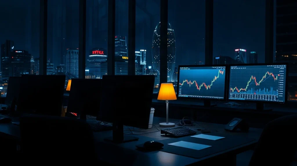 Empty commodities trading desk at night with oil futures charts on multiple monitors