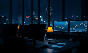 Empty commodities trading desk at night with oil futures charts on multiple monitors
