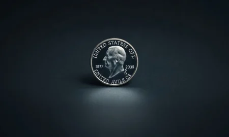 Close-up of the new 2026 President Donald J. Trump $1 coin from the U.S. Mint.
