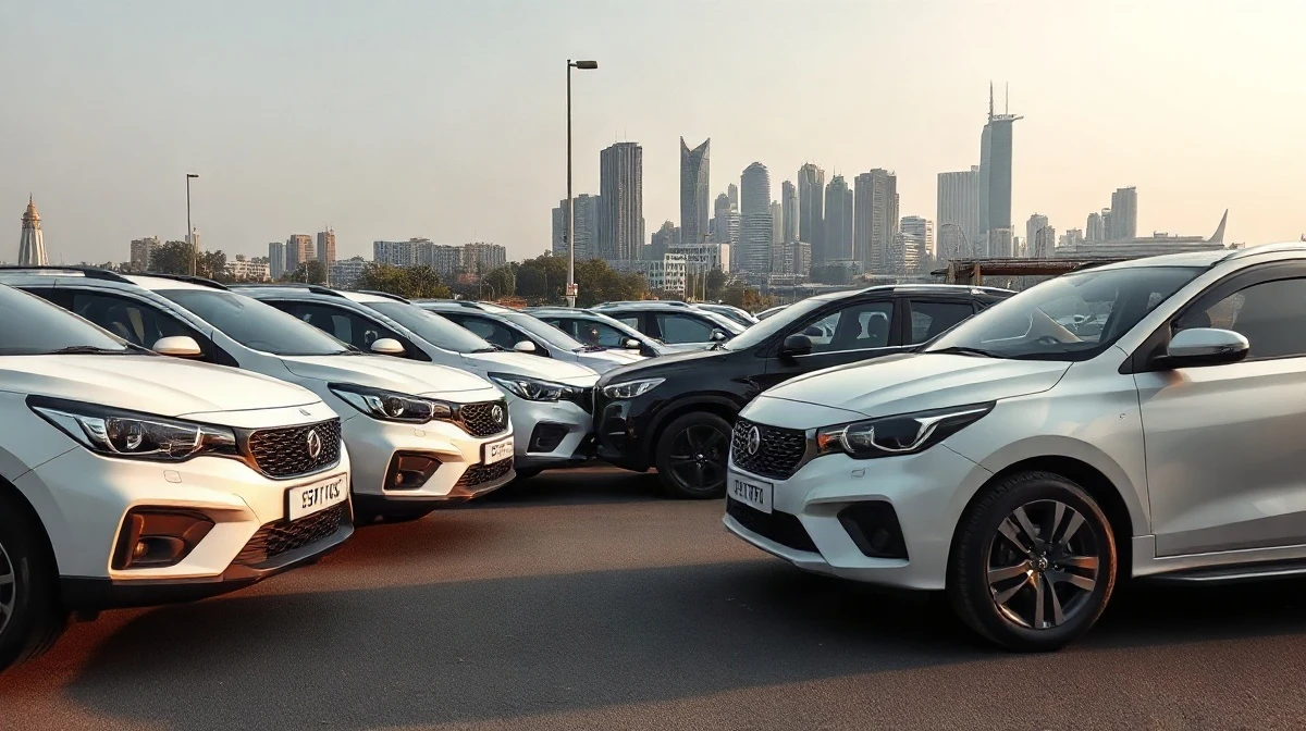 Row of cars representing Carrum Mobility's fleet in an Indian city