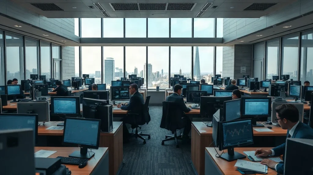 Traders at desks with bond yield screens on a City of London trading floor during a gilt auction.