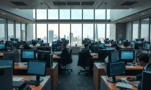 Traders at desks with bond yield screens on a City of London trading floor during a gilt auction.