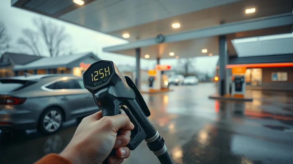 Driver holding a diesel pump at a UK filling station forecourt with the price display visible