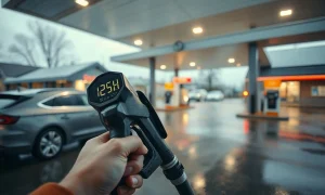 Driver holding a diesel pump at a UK filling station forecourt with the price display visible
