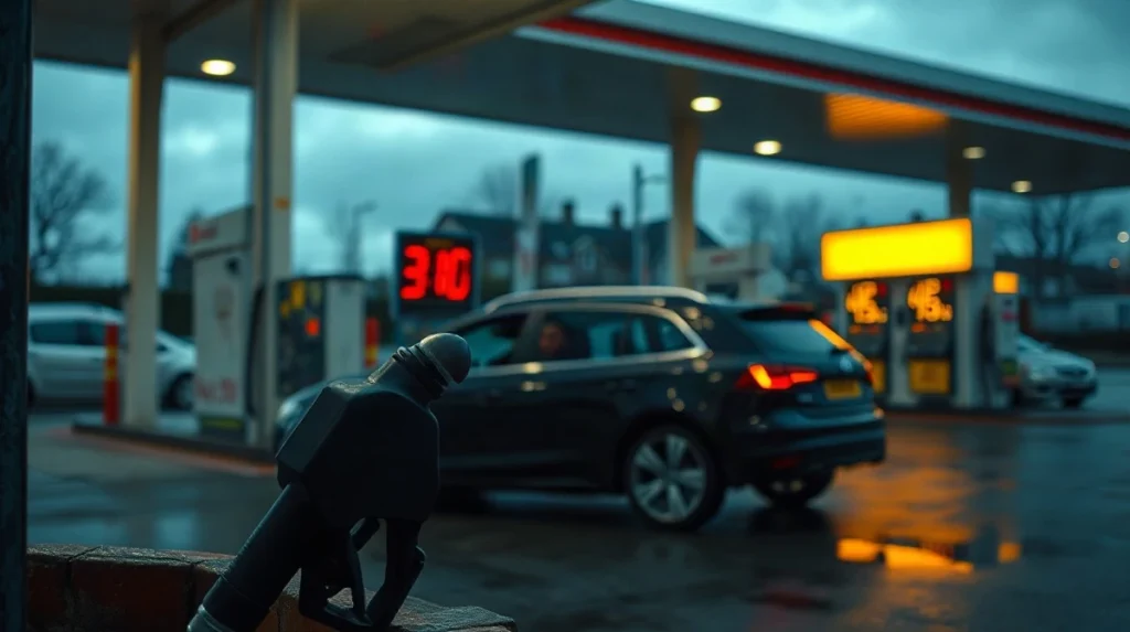 Driver filling a car at a UK petrol station forecourt at dusk as diesel prices near a record high