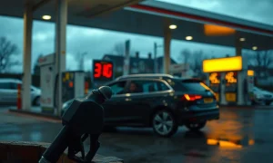 Driver filling a car at a UK petrol station forecourt at dusk as diesel prices near a record high