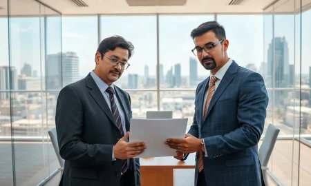 Business professionals reviewing documents in a Bengaluru office, representing the Unacademy-upGrad acquisition.