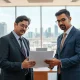 Business professionals reviewing documents in a Bengaluru office, representing the Unacademy-upGrad acquisition.